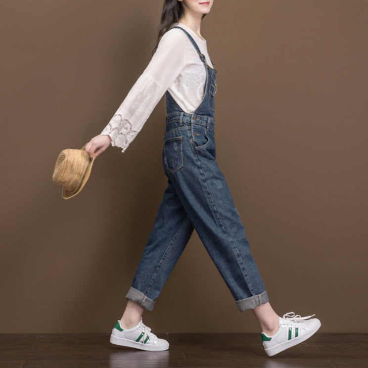 Artistic Washed Denim Cotton Suspender Pants Student Female