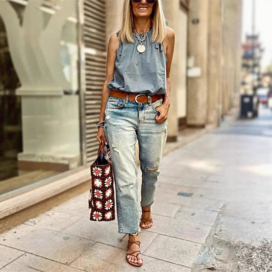 Dame Stretch Denim Løse Lige-benede Videbukser