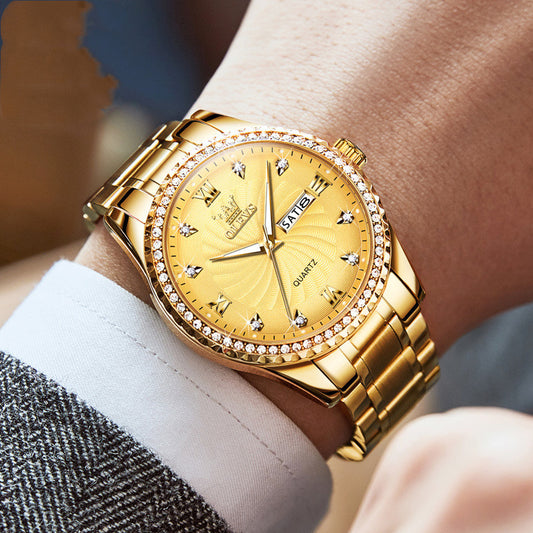 Diamond Set Stainless Steel Business Watch Waterproof Date Day