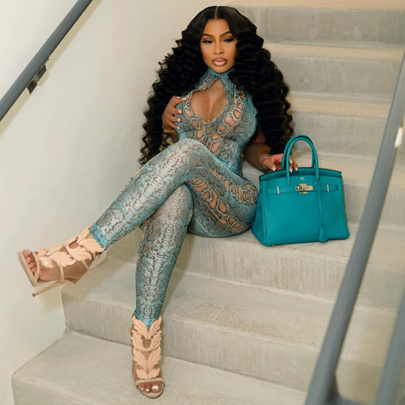 Sexy Printed Semi-high Neck Hollow-out Tight Zipper Jumpsuit Pants