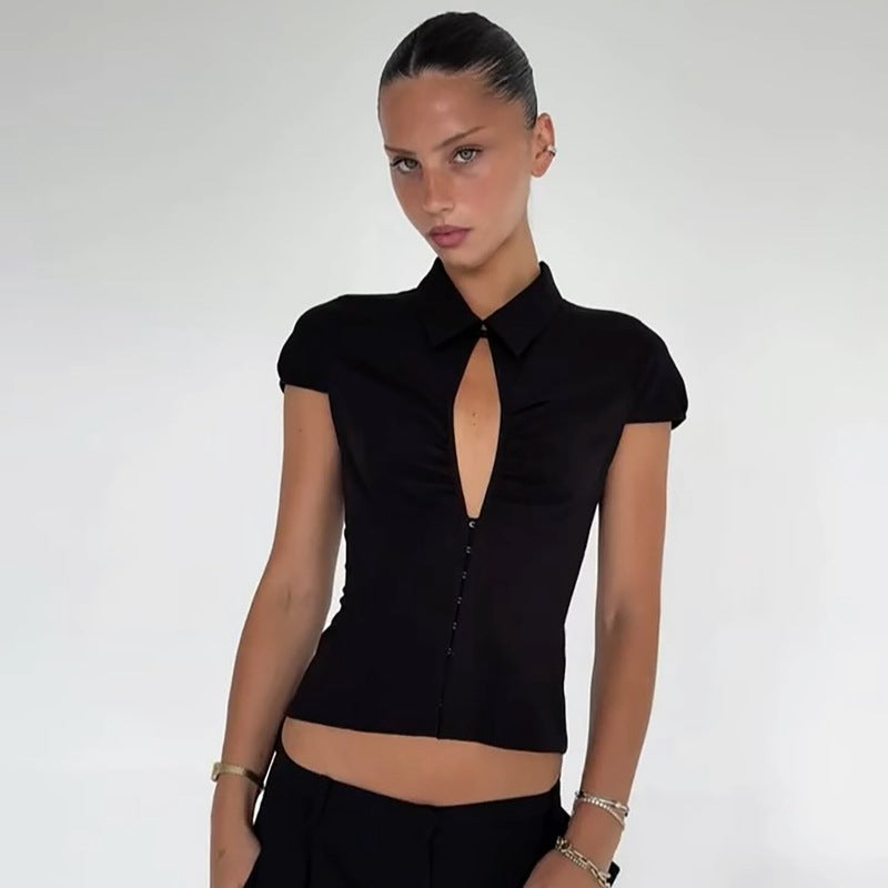 Women's Fashionable Button-up Collar Short-sleeve Top
