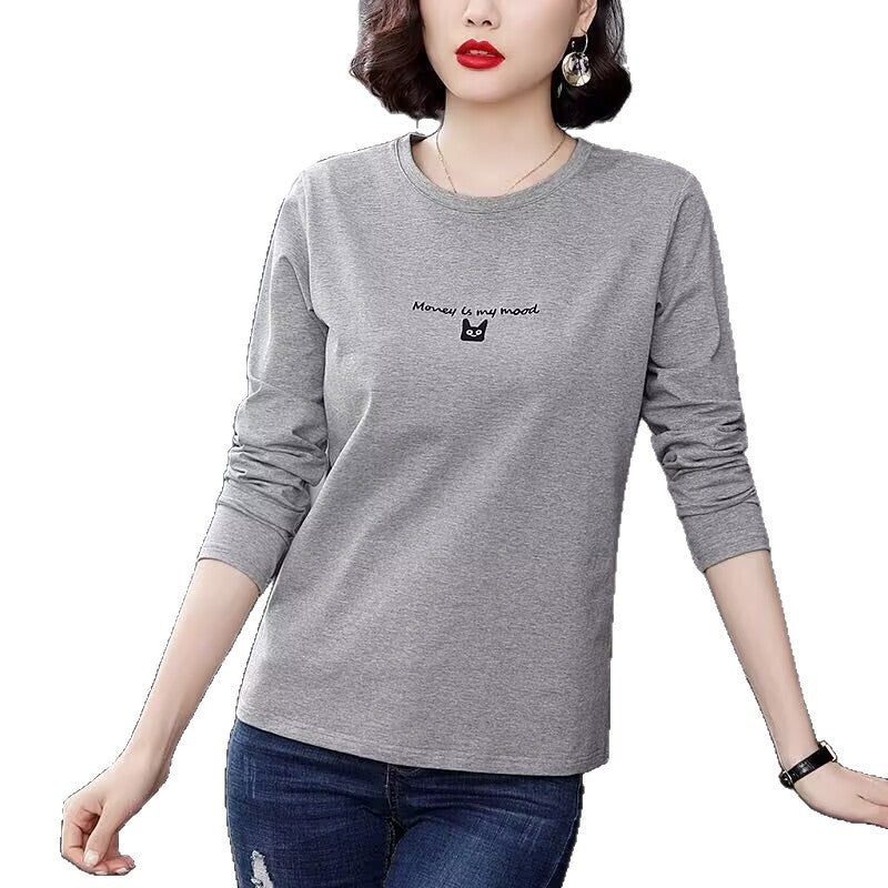 Middle-aged And Elderly Long-sleeved T-shirt Women's Thin Round Neck Bottoming Shirt Printed Casual Loose Top