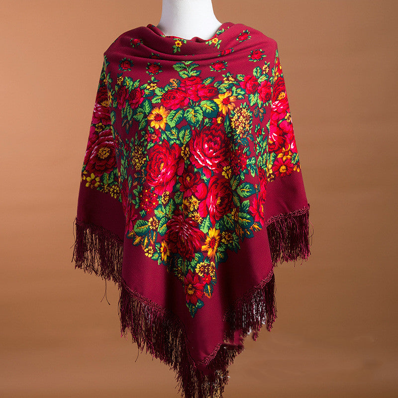 Large Square Scarf Shawl With Ethnic Print Tassels To Keep Warm