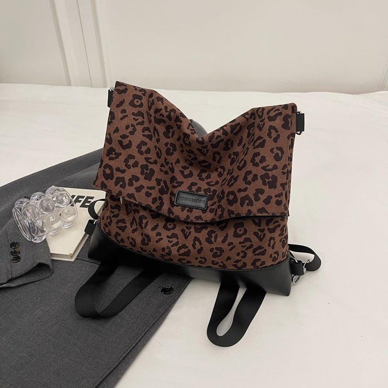 Multifunktionel afslappet moderigtig leopardprint rygsæk i læder og velour til kvinder