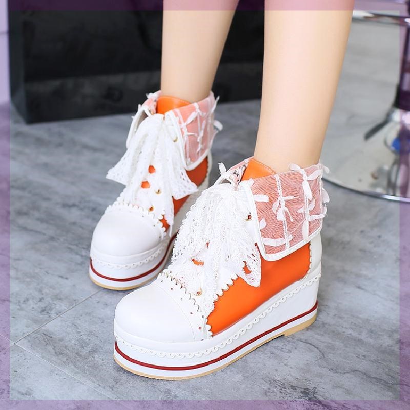 Foot Curb Lace Lace-up Color Block Wedge Platform Ankle Boots