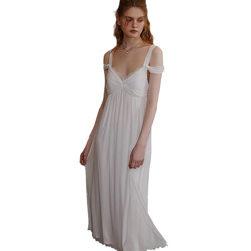 Long Pajama Set With Chest Pads Long Sleeve Camisole And Mesh Slip Dress Two Piece Set