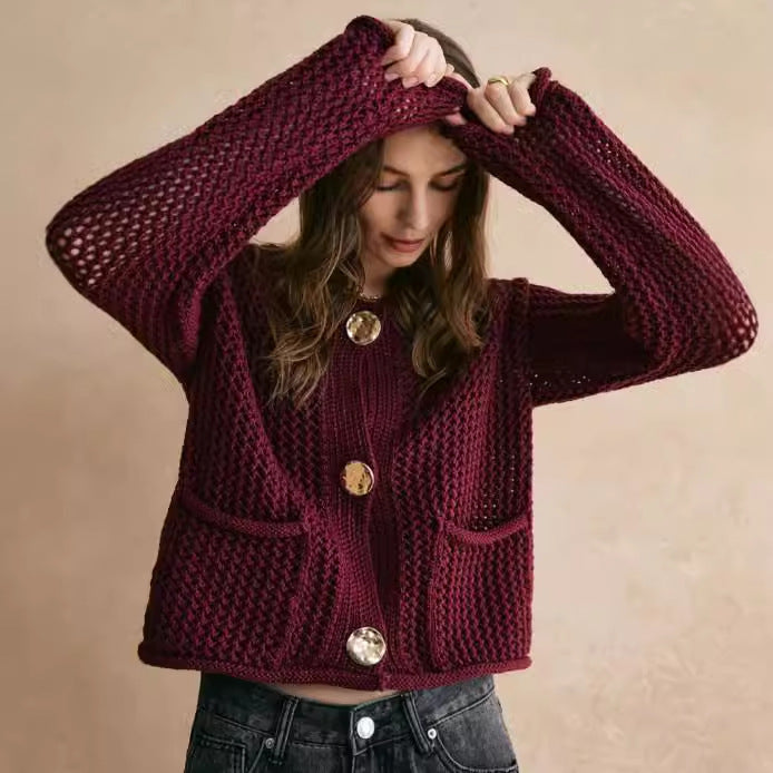 Fashion Round Neck All-matching Basic High-grade Thick Needle Cardigan For Women