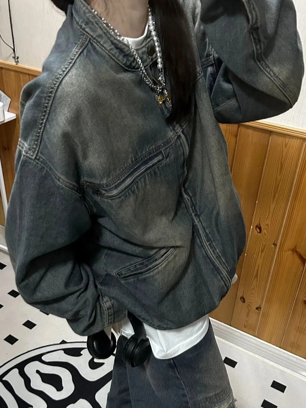Womens Vintage Washed Distressed Denim Jacket