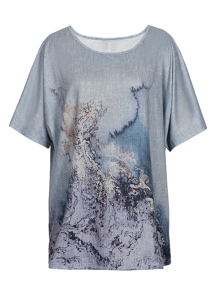 Løs afslappet T-shirt med rundt halsudskæring og print til kvinder