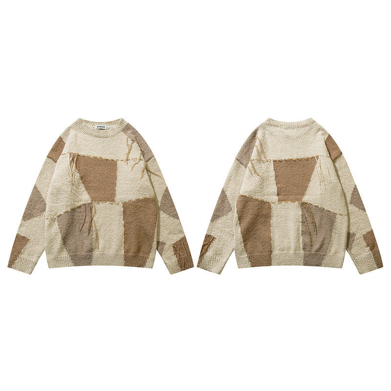 Plaid Tassel Oversize Lazy Wind Sweater Man