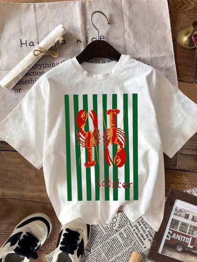 Casual Round Neck Short Sleeves Lobster Print Gra
