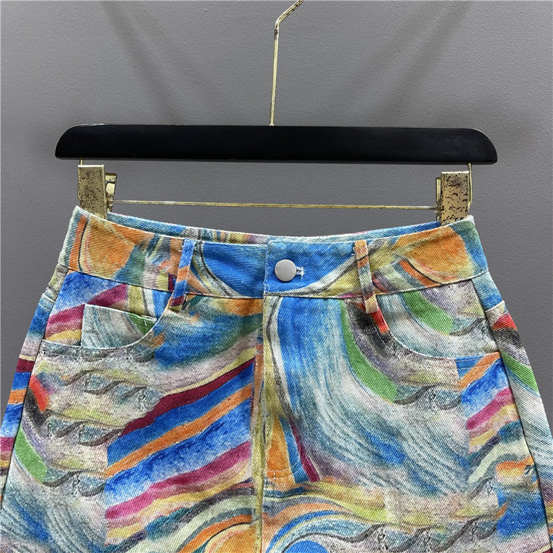 Women's High Waist A-line New Summer Printed Denim Skirt