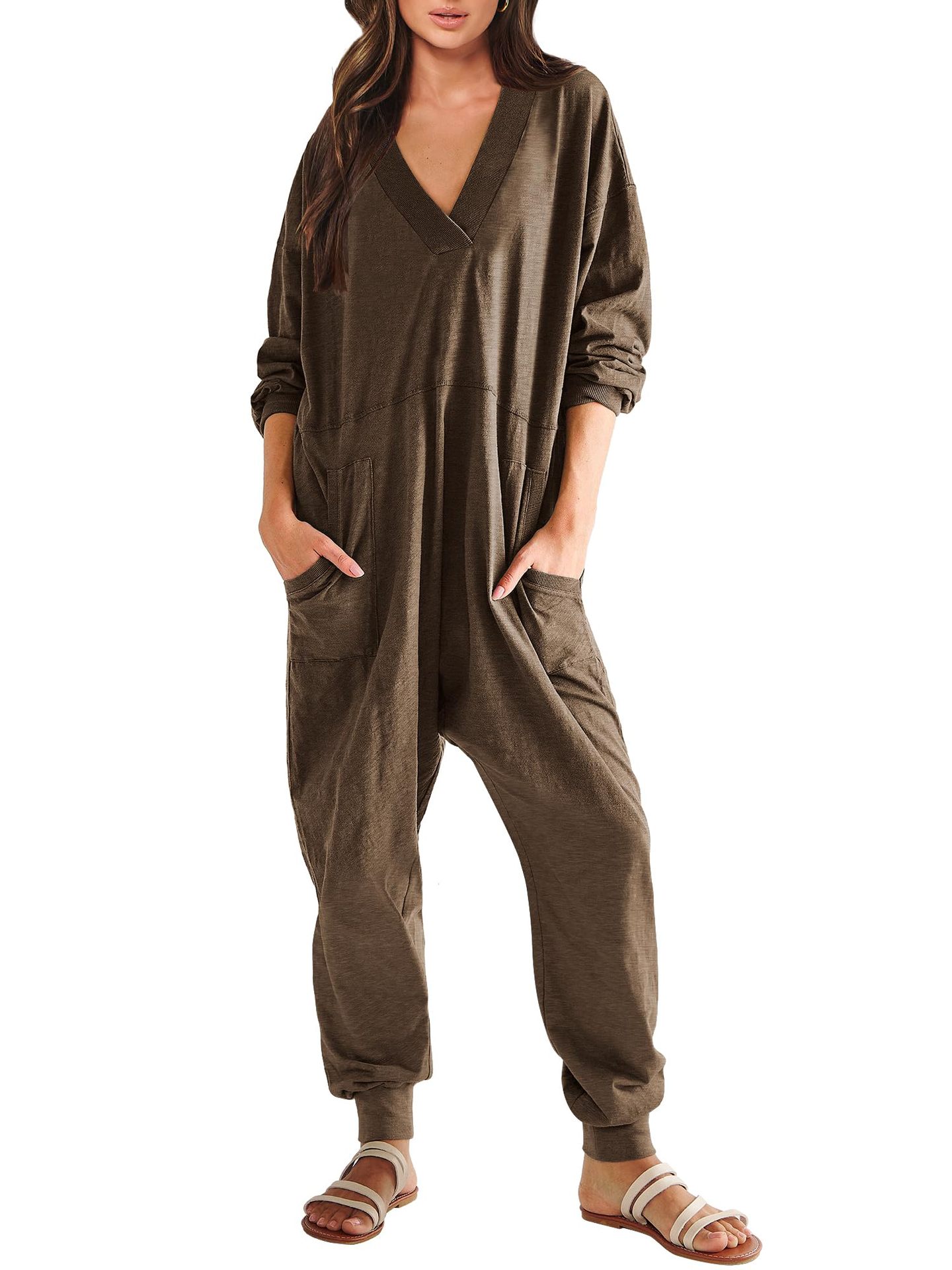 Women's V-neck Long Sleeve Solid Color Loose Jumpsuit With Two Side Pockets
