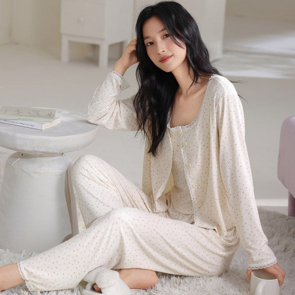 Threaded Colored Cotton Bra-padded Camisole Three-piece Set