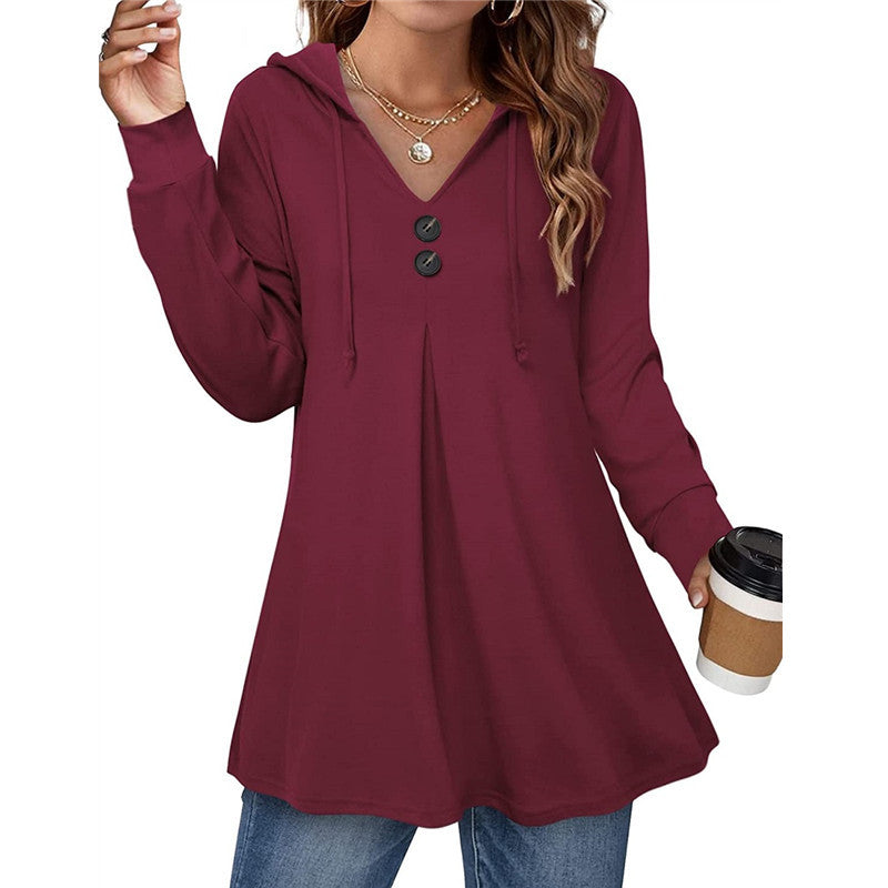 Casual Button V-neck Long Sleeve Hooded Top Sweaters Women's Clothing