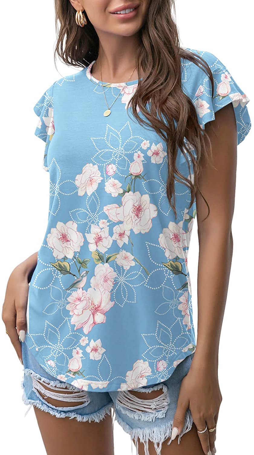 Women's Round Neck Printed Ruffled Short Sleeve T-shirt