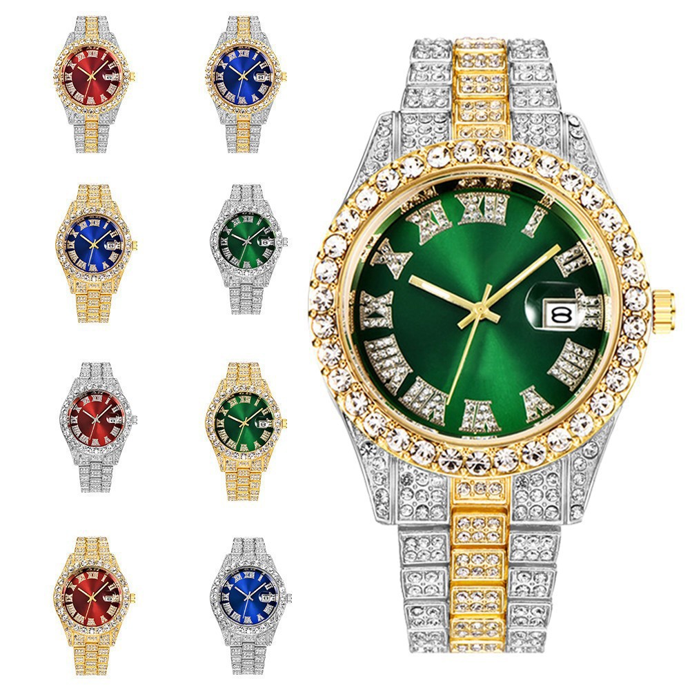 Diamond Roman Steel Belt Calendar Men's Quartz Watch
