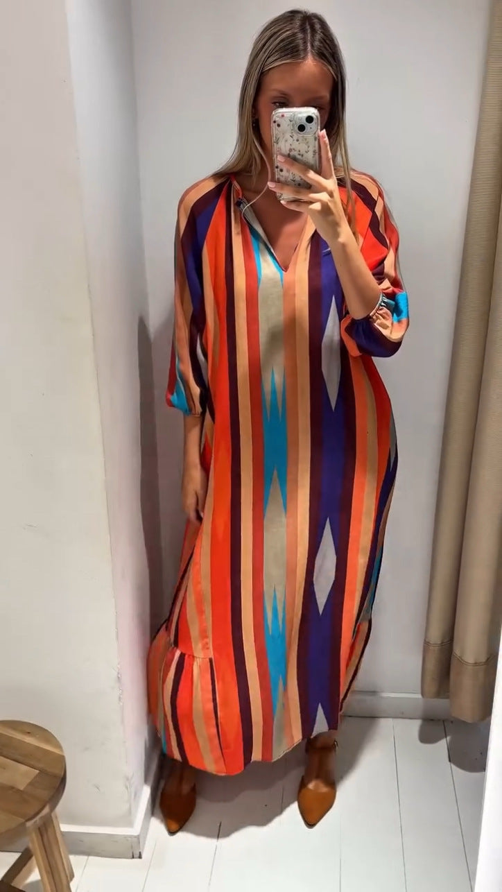 Fashionable Printed Cropped Sleeve Loose Dress