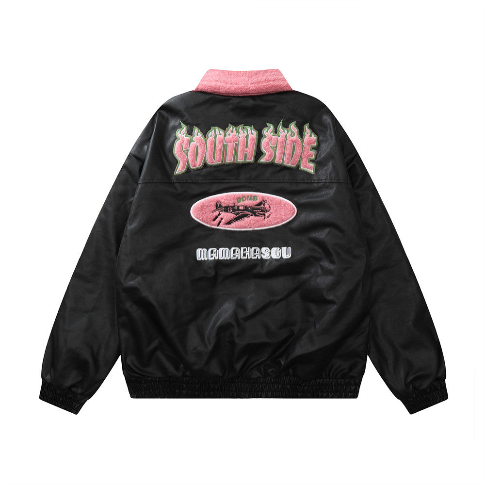 Flame Letter Flocking Embroidery Motorcycle PU Leather Jacket Men's Color Contrast Patchwork Fur Lapel Leather Coat