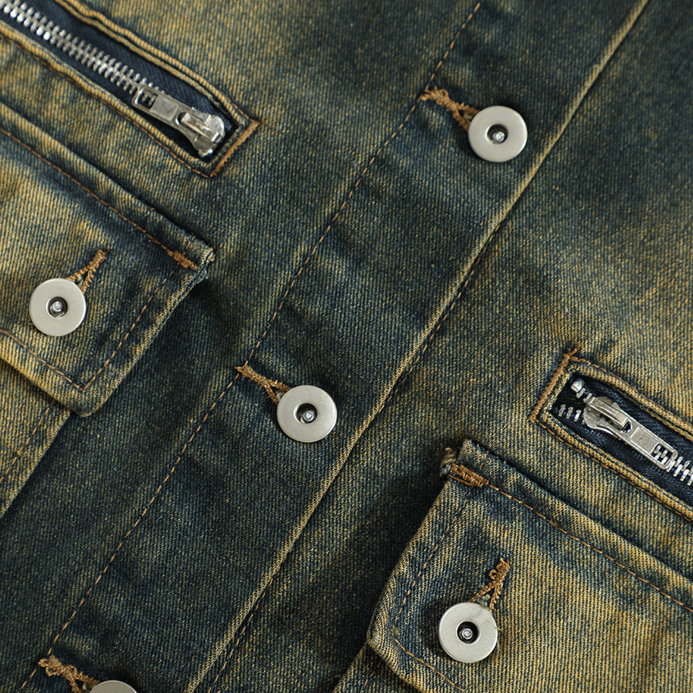 Punk Distressed Inkjet Denim Frock Vest Men's