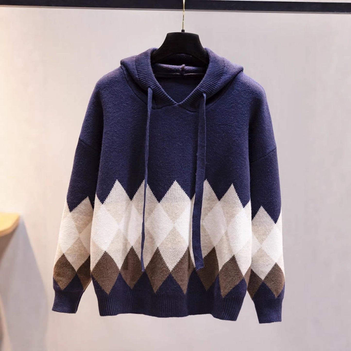 European And American-style Hooded Sweater Loose-fit Diamond-patterned Base Knit Top