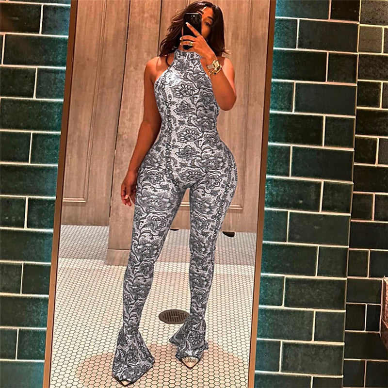 Women's Fashion Sexy Backless Halter Printed Slim-fit Sheath Jumpsuit