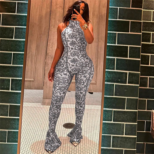 Women's Fashion Sexy Backless Halter Printed Slim-fit Sheath Jumpsuit