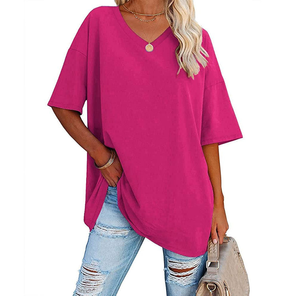 European And American Women's Loose Short-sleeved V-neck T-shirt