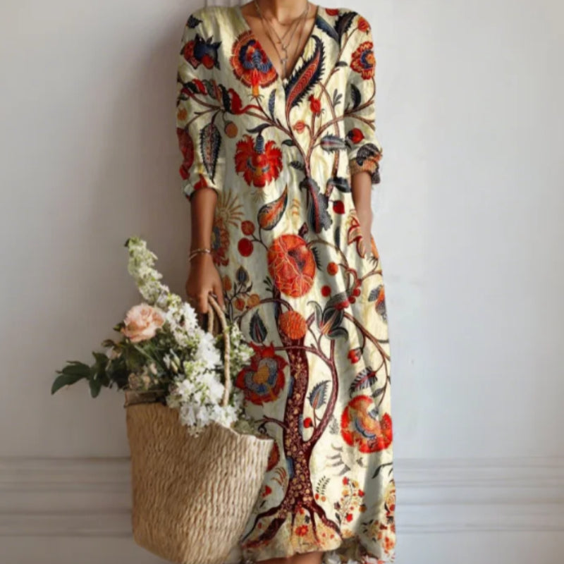 Botanical Floral Print V-Neck Dress