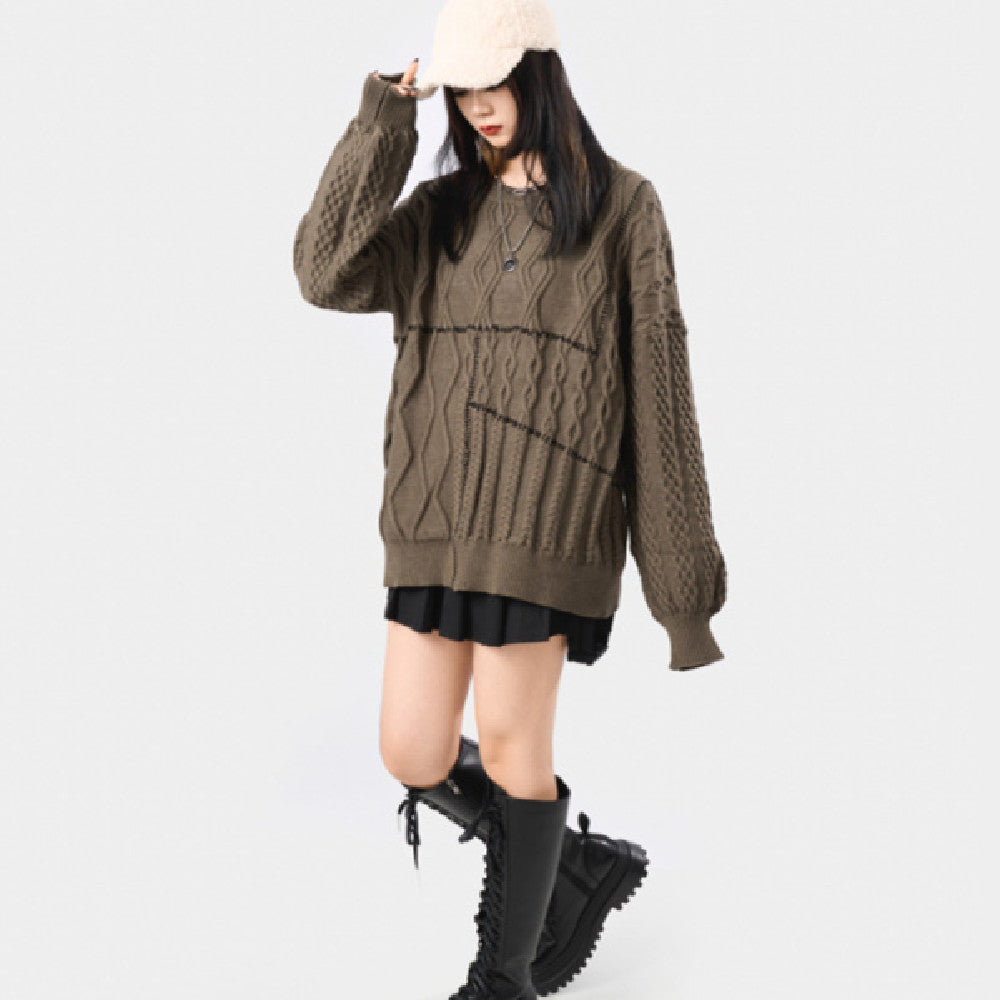 Hand Sewn Mixed Knitting Round Neck Pullover Loose Knit