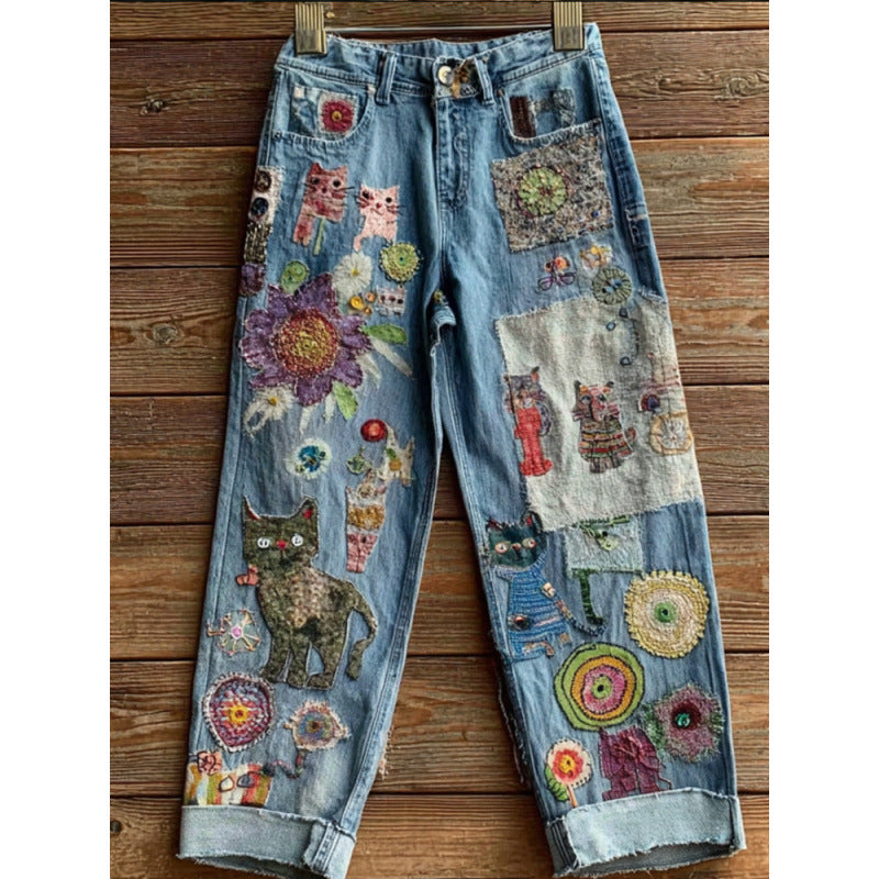 New 3D Heat-transfer Printed Flared Jeans-style Trousers In Faux Denim