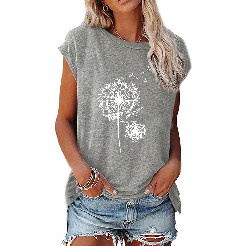 Colored Cotton Round Neck Loose Off-the-shoulder Printed Short Sleeve T-shirt