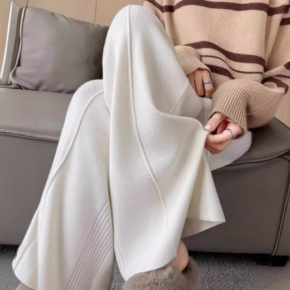 Sunken Stripe Knitted Wide Leg Women's Straight-leg Pants