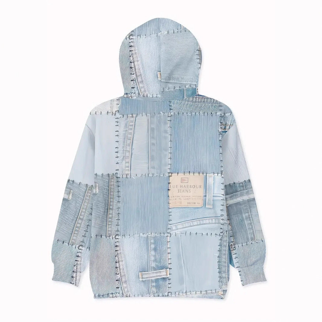 Womens Casual Pullover With Denim-Style Patchwork And Print