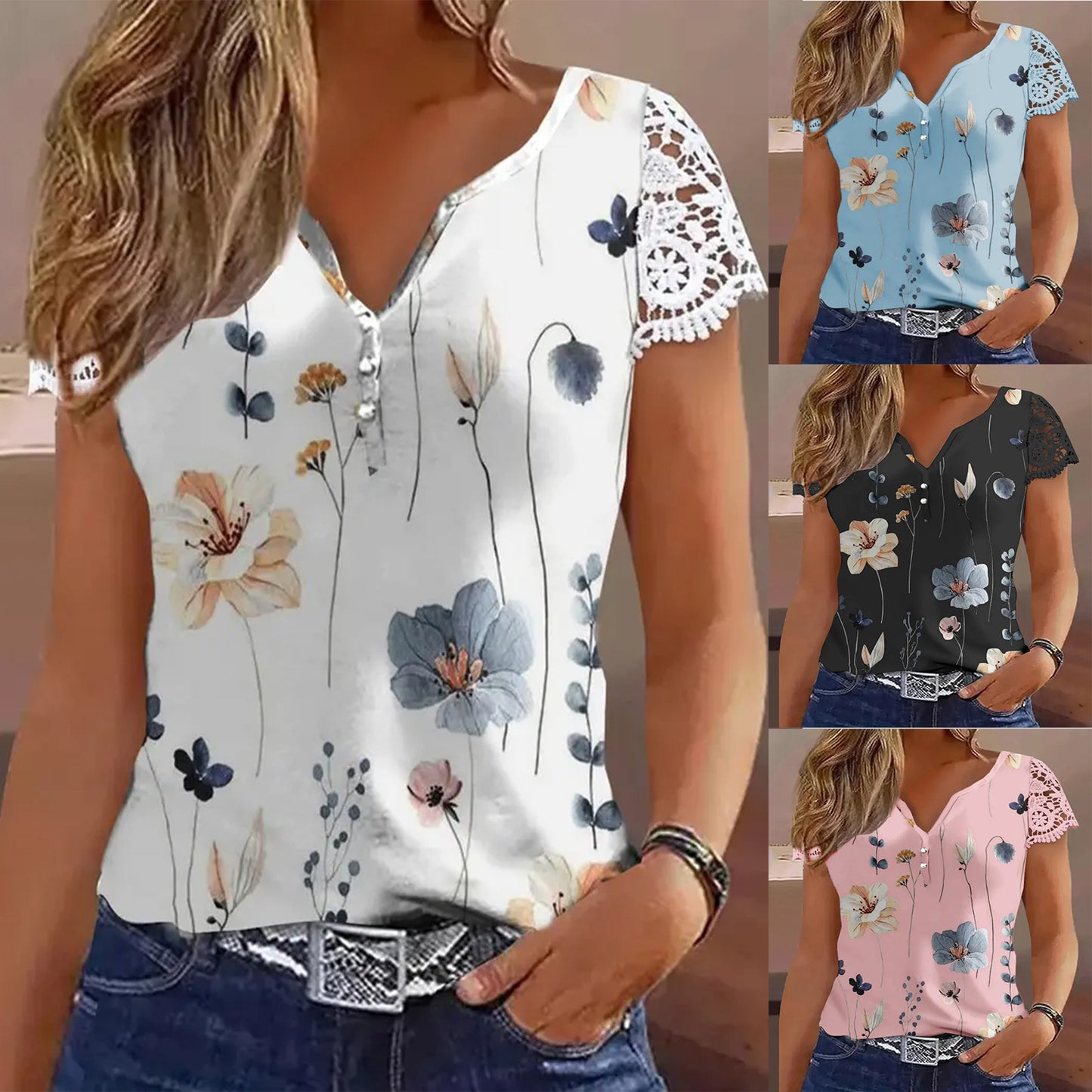 Kvinders trykte kortærmede patchwork blonde T-shirt