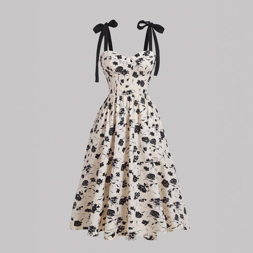 Elegant Lace-Up Shoulder With Floral Print Waist-Cinching Design Vacation-Ready Chic Casual Slip Dress