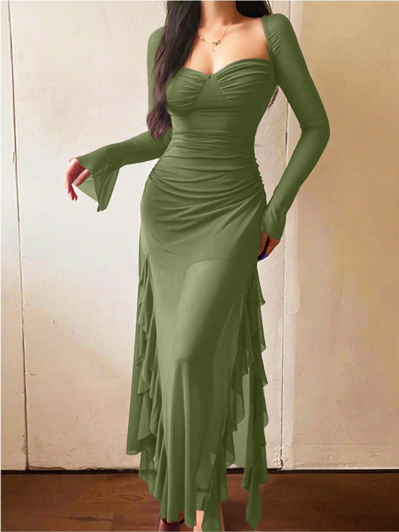 Womens Long-sleeve Mesh Dress With A Figure-hugging Fit And An Asymmetrical Slit