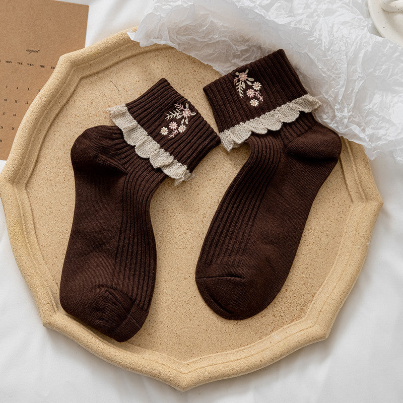 Women's Mid Tube Socks Combed Cotton Edge Embroidery