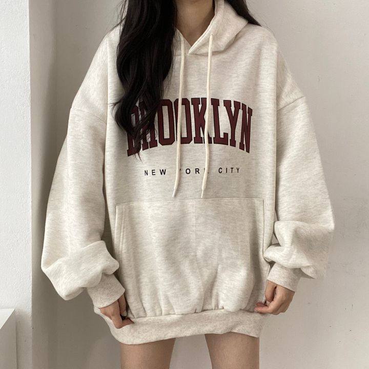 Sweater til damer, mellemlang, med bogstavprint, hætte, løs pasform