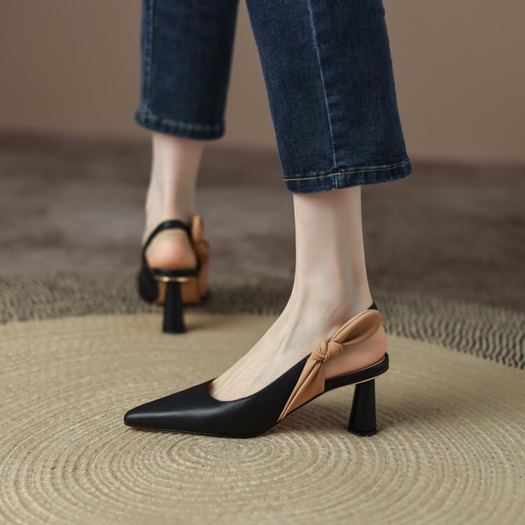 Bow Pointed French High Heel Shoes Chunky Heel Pumps