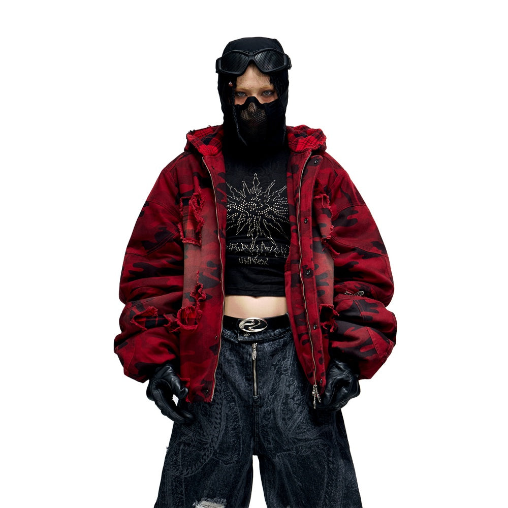 Camouflage Checkered Perforated Hooded Red Distressed Cotton Jacket