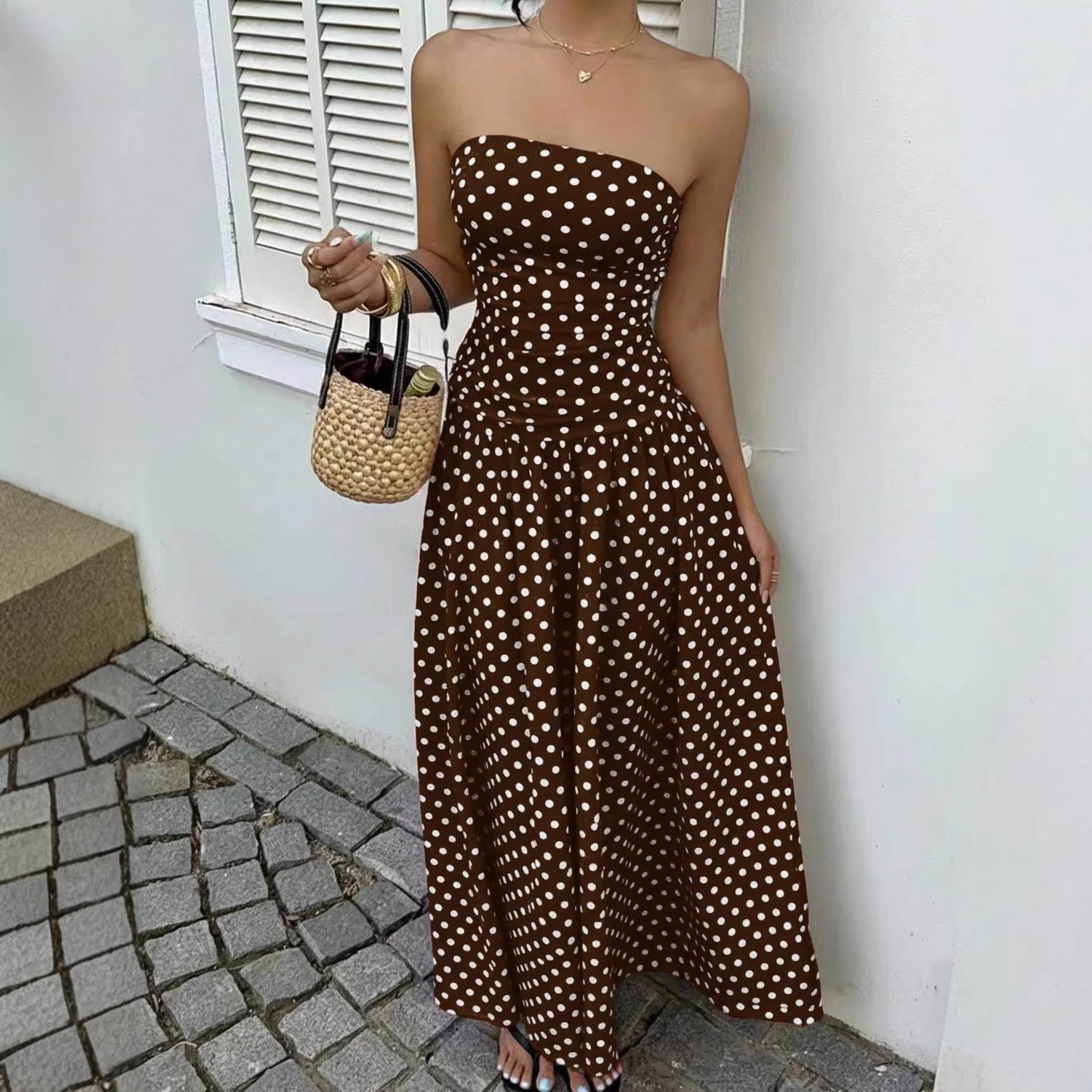 Elegante Prikkede Off-shoulder Kjoler Ensfarvede Stropløse Dame Højtaljede Robe Pendlerfest Forretning Strand Ferie Outfit