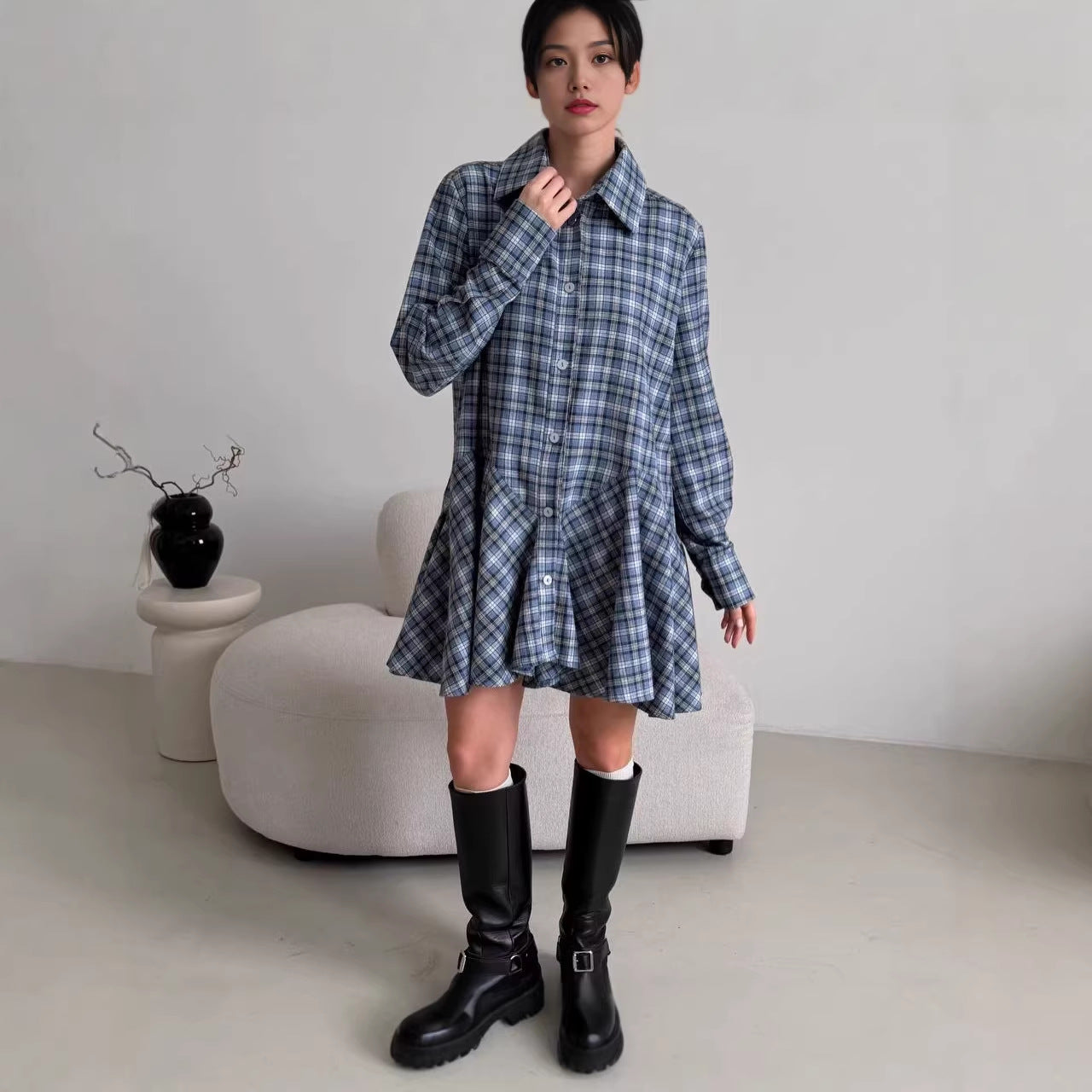 Autumn Retro Hong Kong Style Lapel Slimming Plaid Shirt With Puffy Skirt