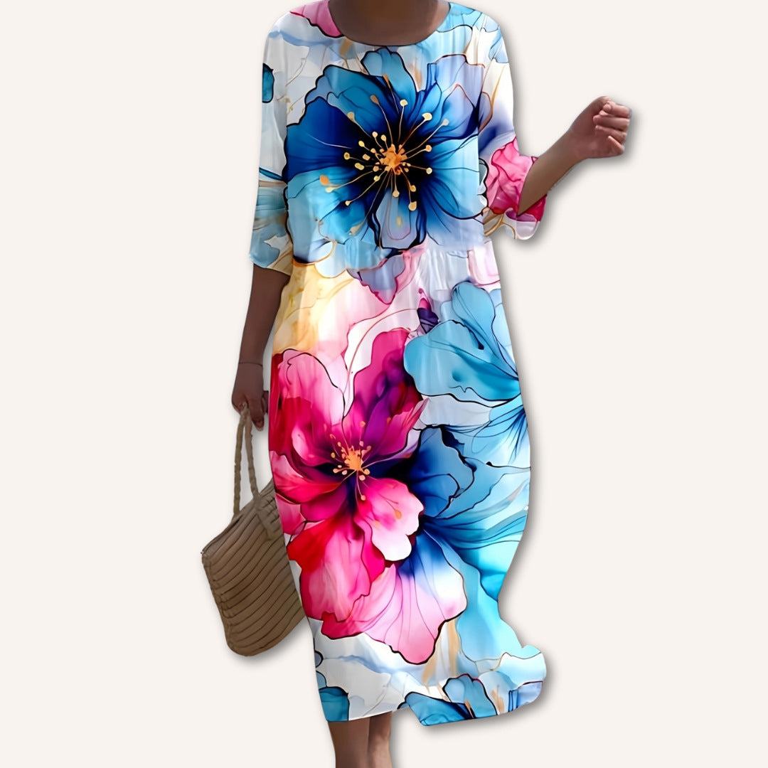 Womens Long Casual Printed Dress With A Crew Neck