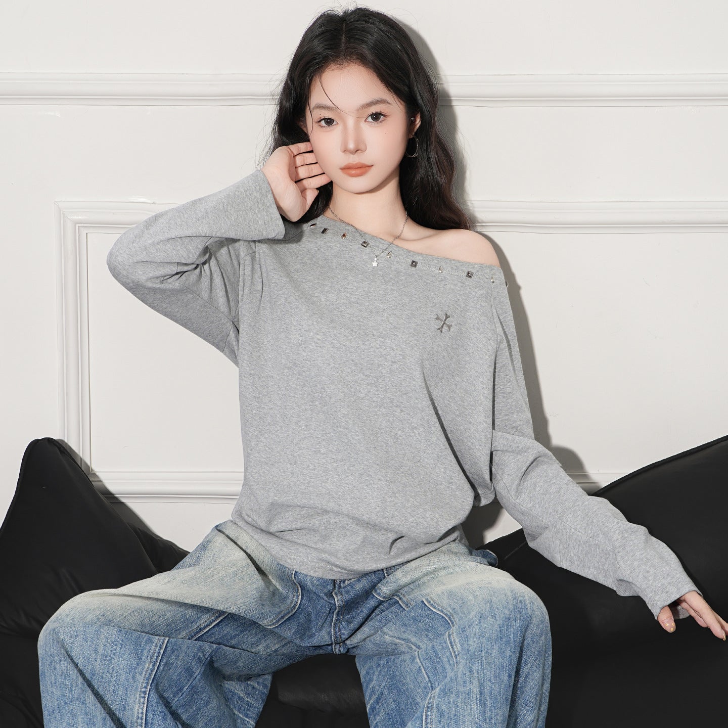 Long Sleeve Women's Loose High-grade Off-shoulder Shoulder-baring Top