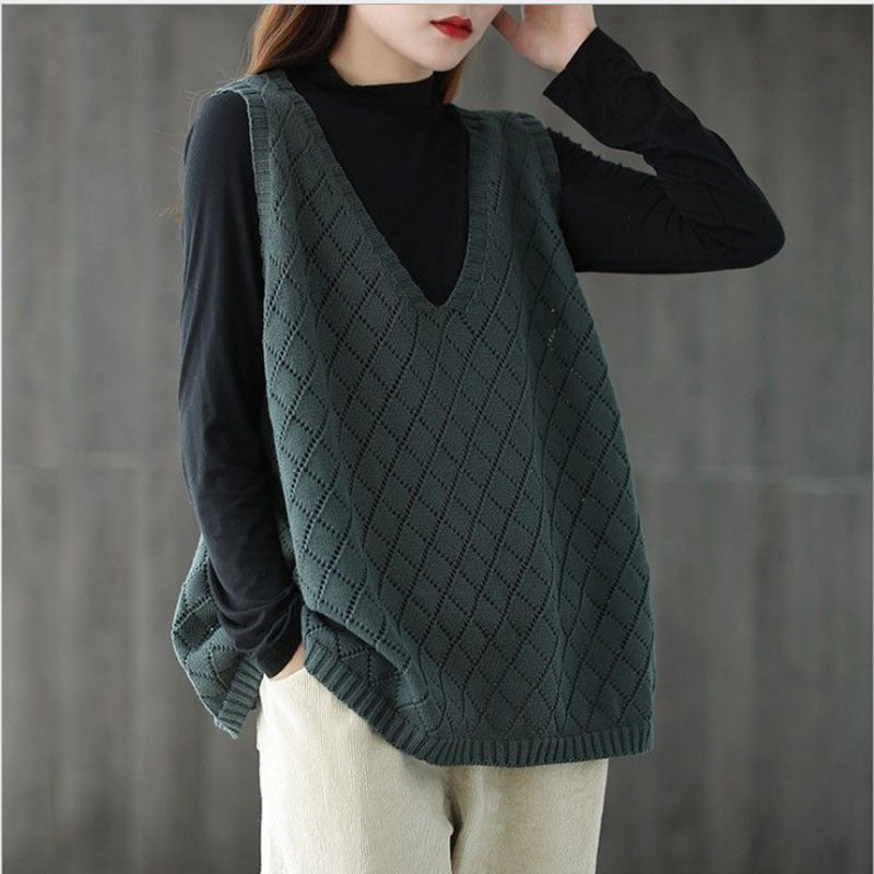 Womens Retro Loose-Neck Hollow-Out Knitted Vest