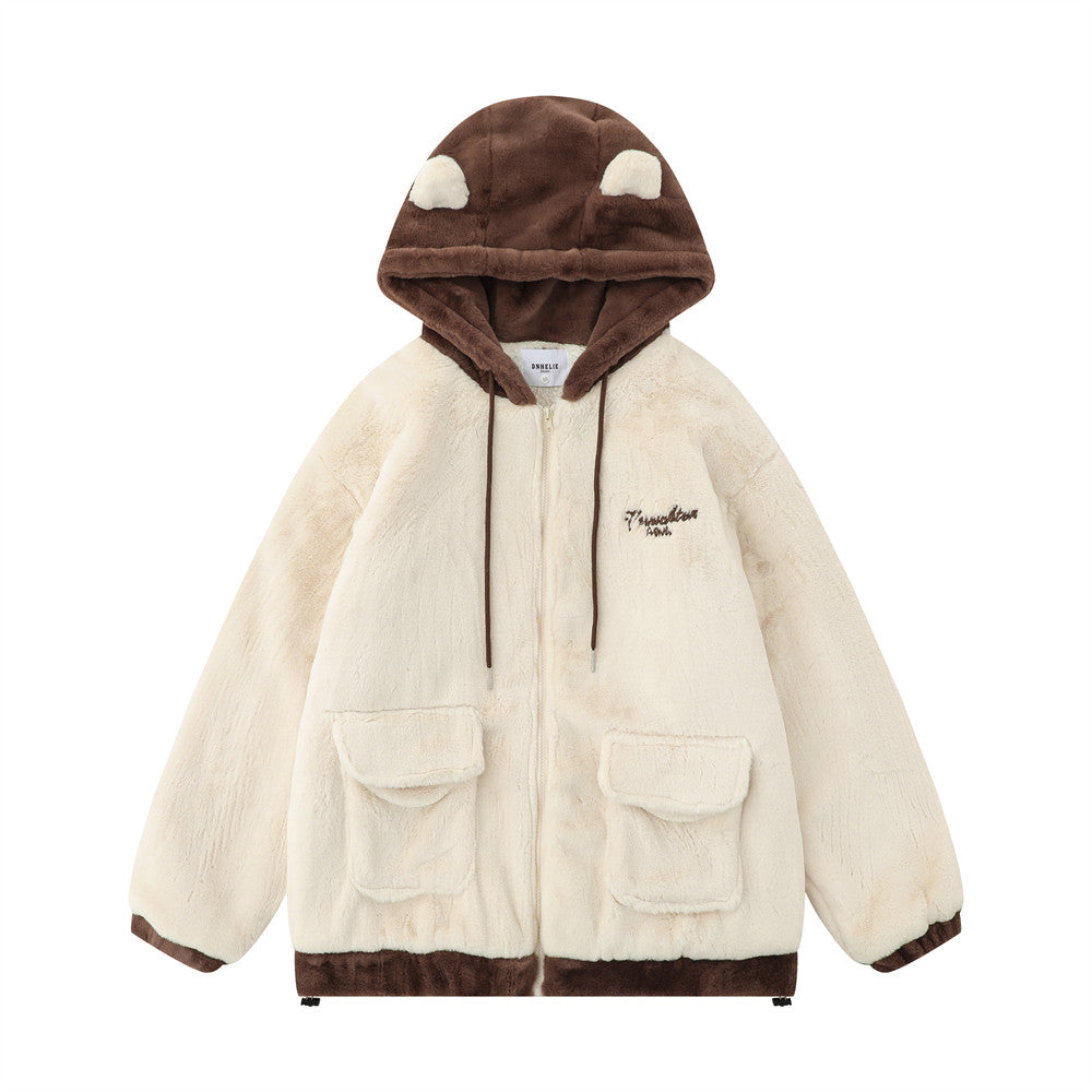 Cute Embroidered Bear Ear Hooded Lamb Plush Coat