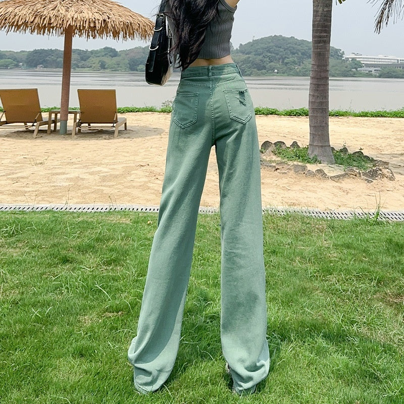 Adjustable Buckle High Waist Ripped Narrow Wide Leg Jeans