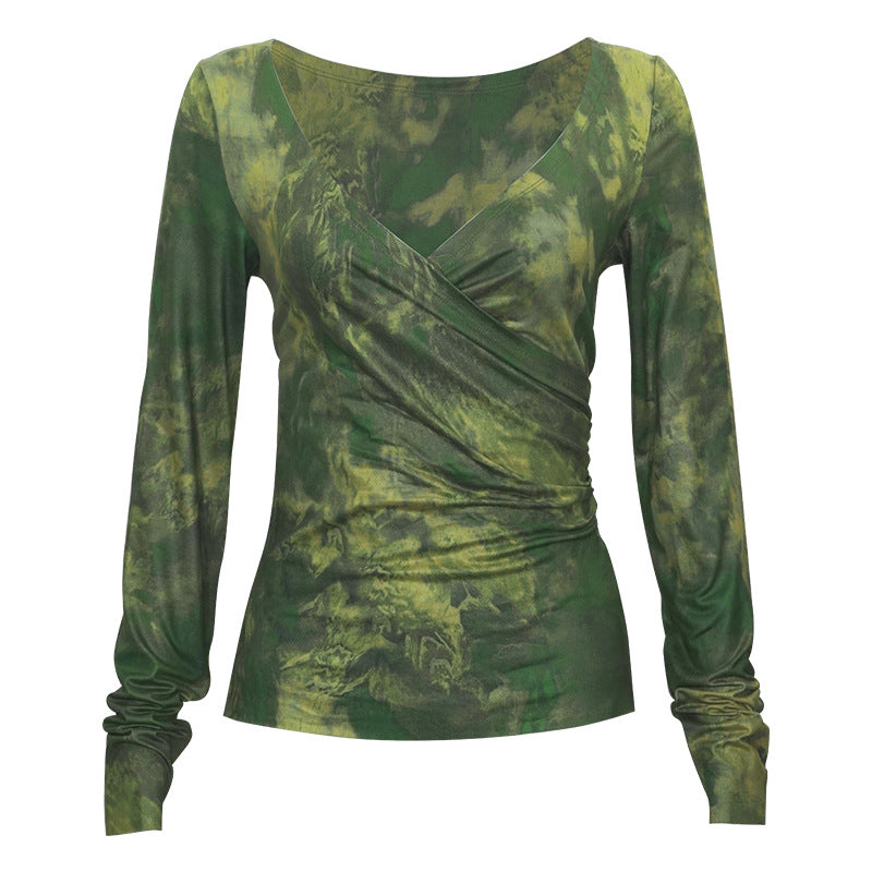 Purple Ombre V-neck Pleated Waist-slimming Long-sleeve Women's T-shirt