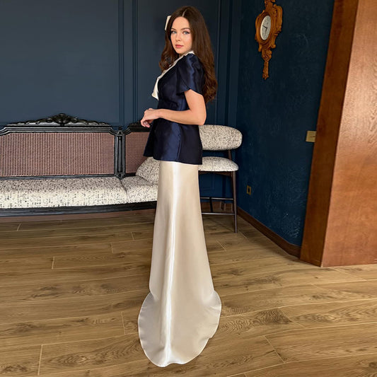 Womens Waist-cinching Short-sleeve Long Dress Set